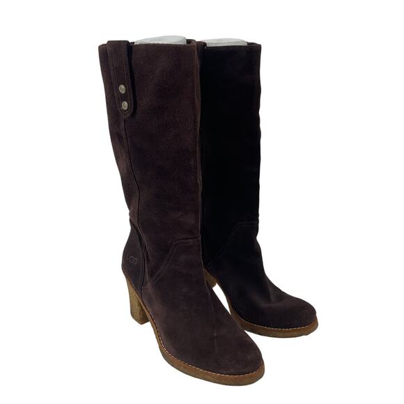 Ugg Brown Tall Suede Leather Riding Low Heel Boots Women's Size 9.5 Preowned - Picture 1 of 7